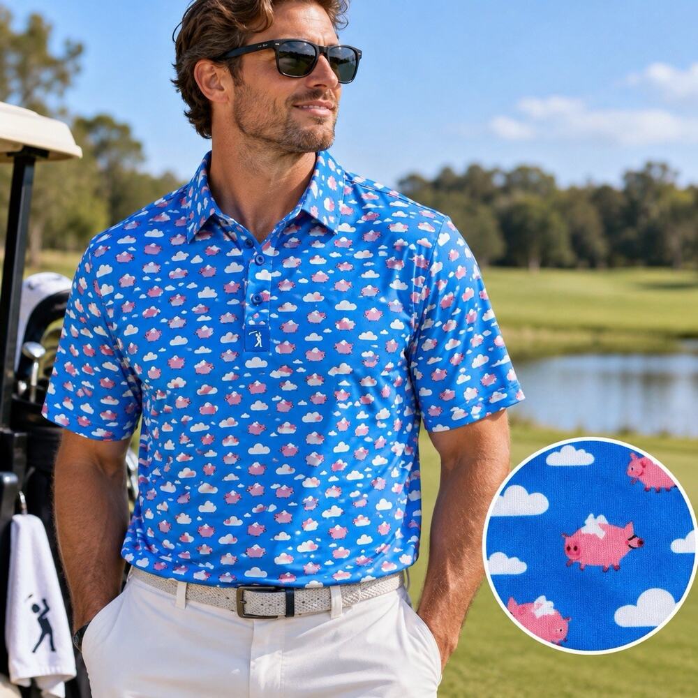 Bogey Bros Mens Medium Blue When Pigs Fly Clouds AOP Performance Golf Polo Shirt
